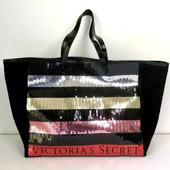 Victoria’s Secret Black Stripe Sequin Bling Large Tote Bag Open Top Beach Travel - Picture 1 of 8